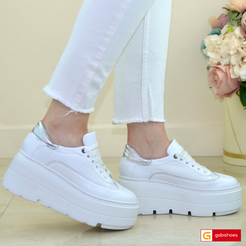 Pantofi Sport Piele Naturala Alba cu Argintiu Lorena 3334-3
