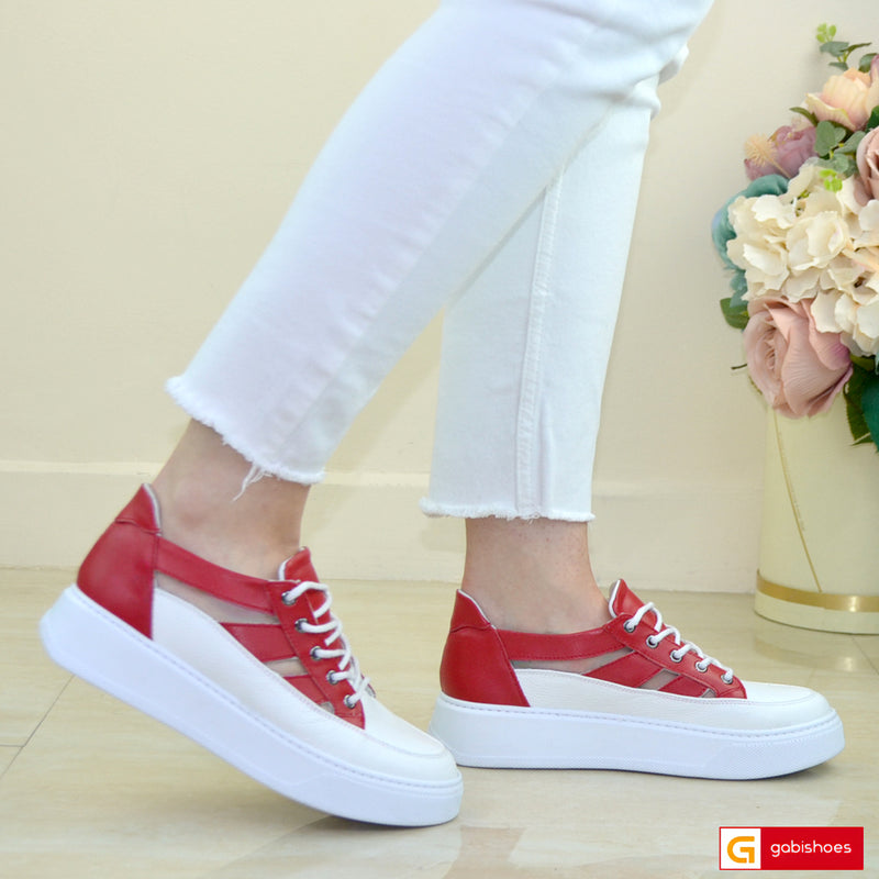 Pantofi Sport Piele Naturala Alb cu Rosu Gabinna 3853-1