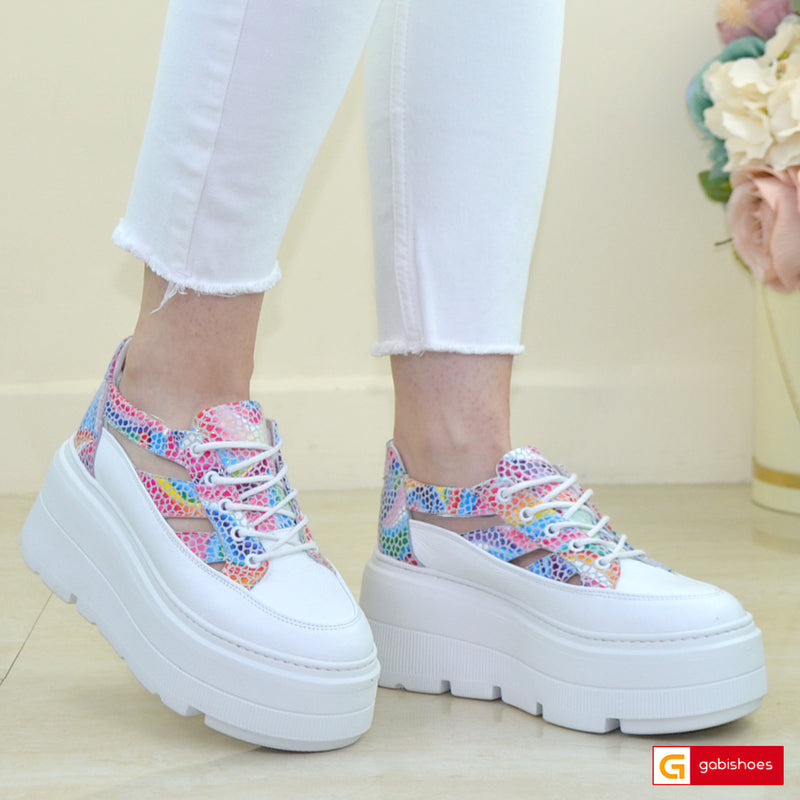 Pantofi Sport Piele Naturala Alb cu Multicolor Lorena 3730-11
