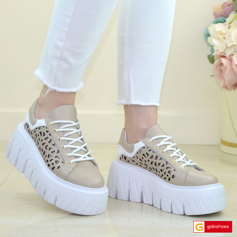 Pantofi Sport Piele Naturala Alb cu Teupe Lorena 3826-1