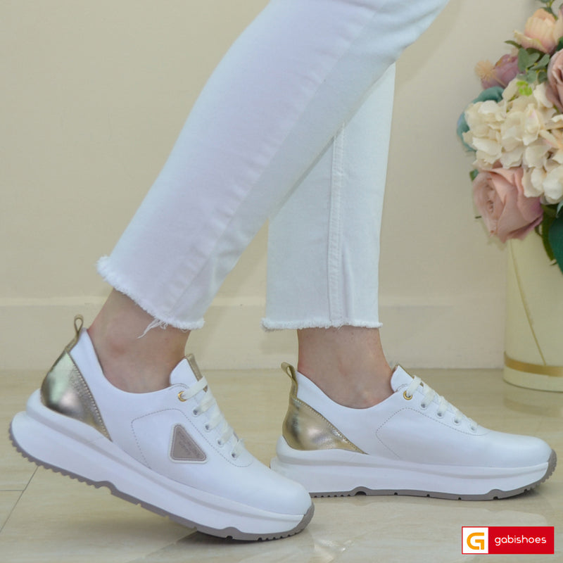 Pantofi Sport Piele Naturala Alb cu Auriu Gabinna 3894-1