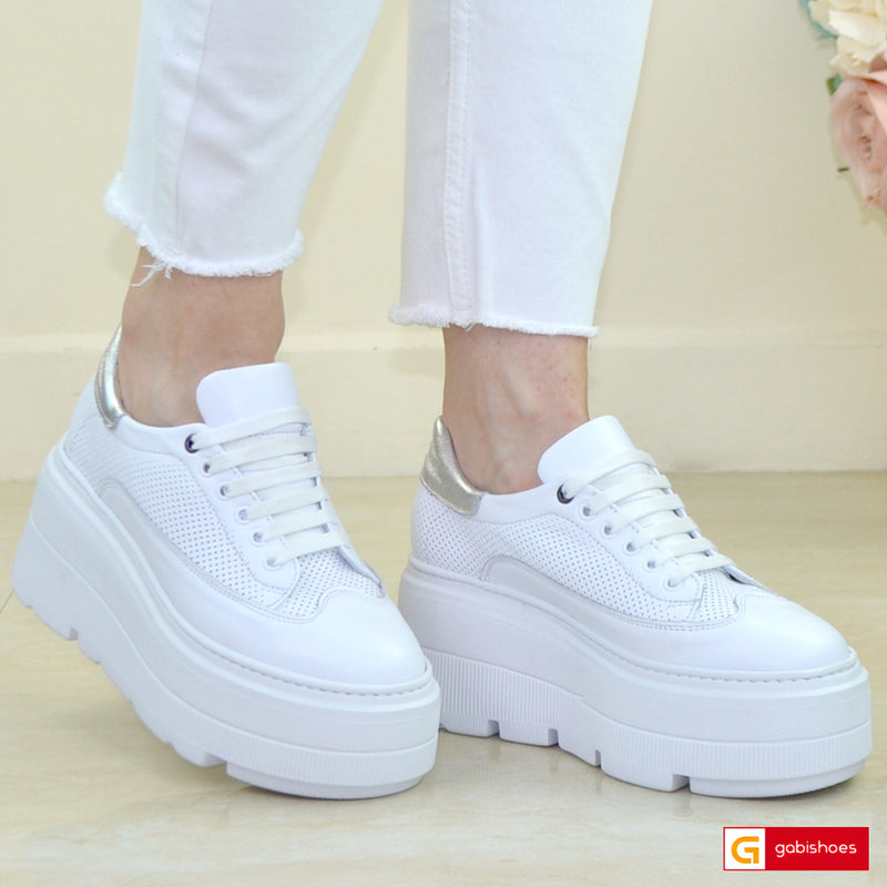Pantofi Sport Piele Naturala Alba cu Argintiu Lorena 3334-3