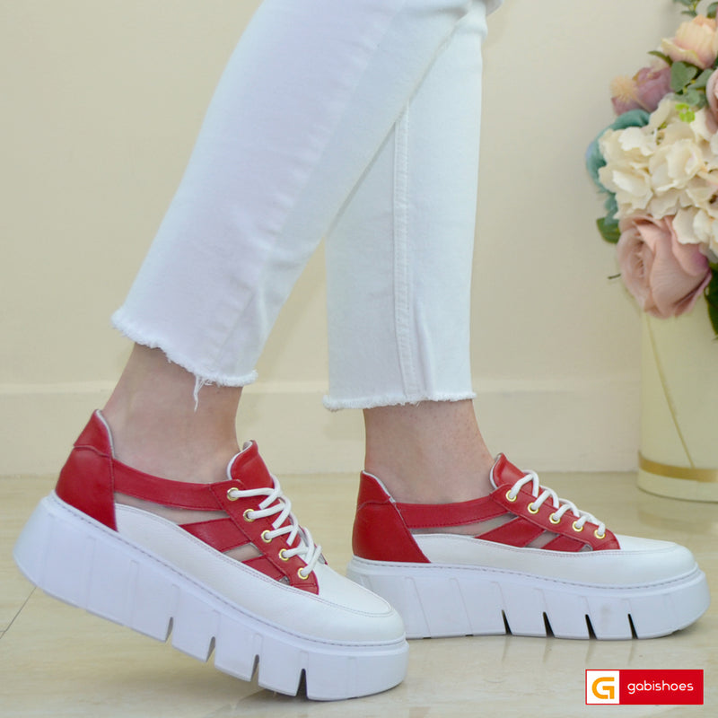 Pantofi Sport Piele Naturala Alb cu Rosu Lorena 3865-1