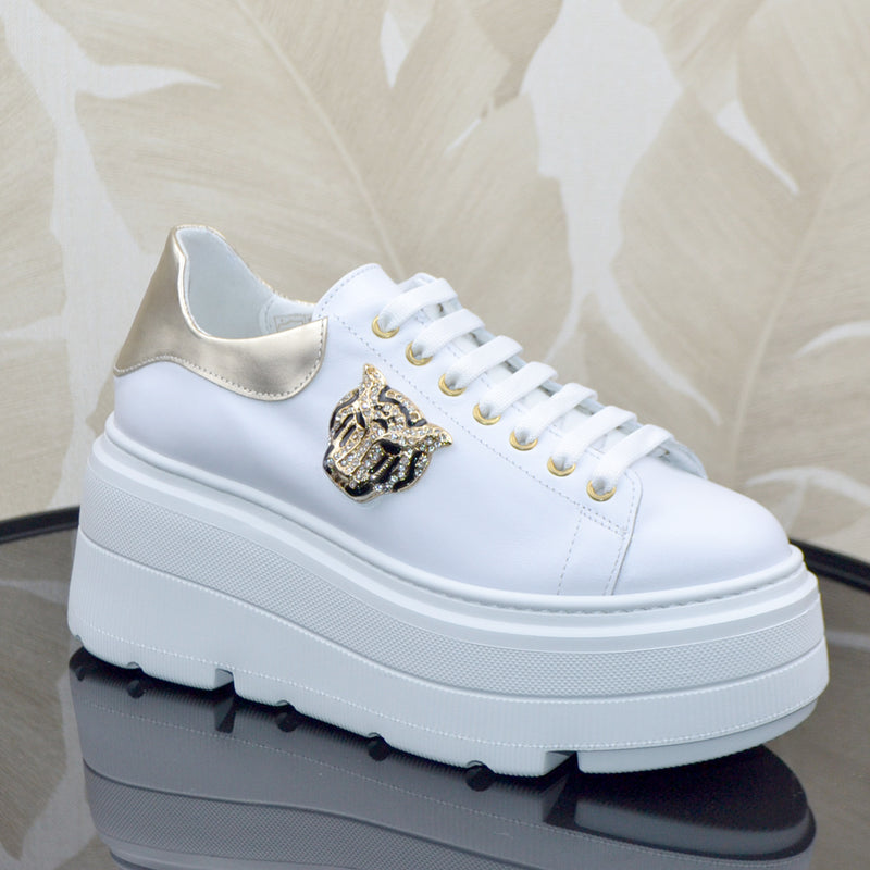Pantofi Sport Dama Piele Naturala Alb cu Auriu Lorena 3966-1