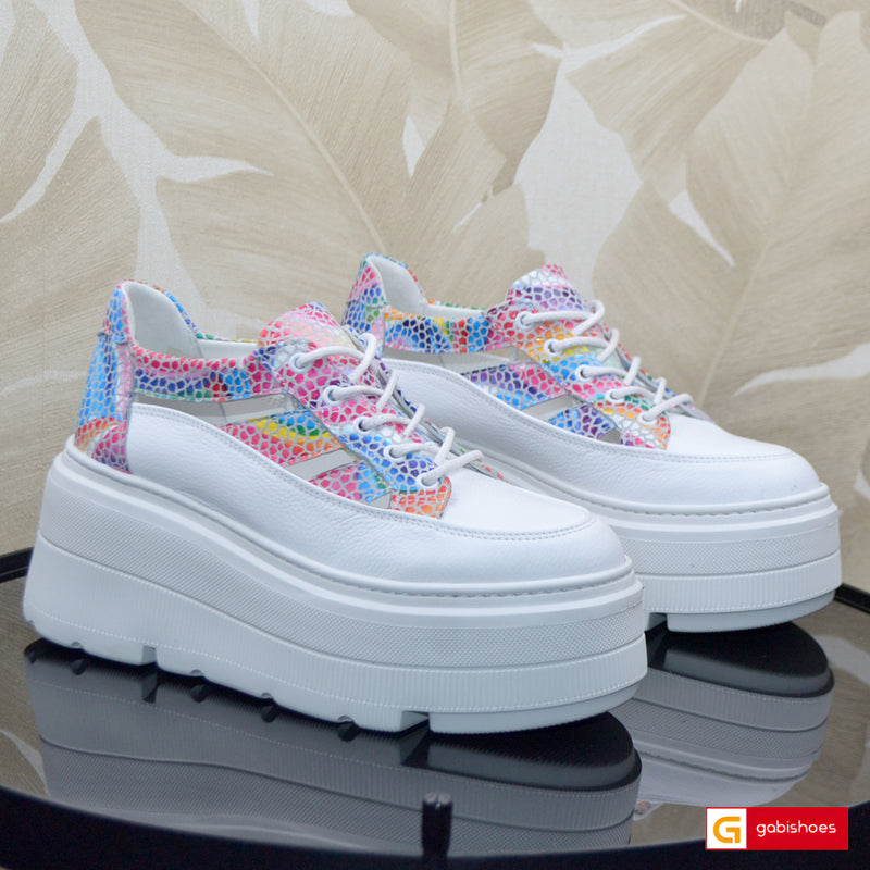 Pantofi Sport Piele Naturala Alb cu Multicolor Lorena 3730-11