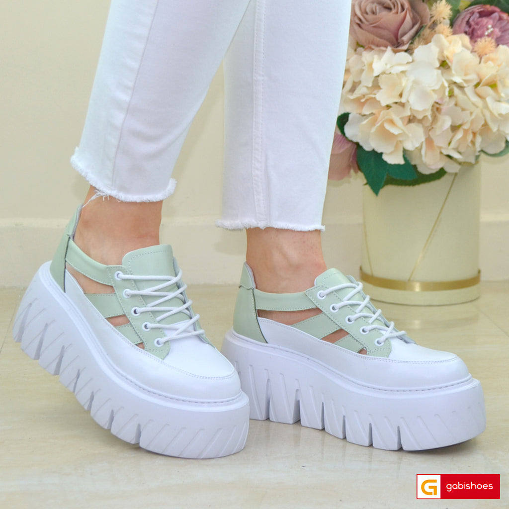Pantofi Sport Dama Piele Naturala Alb cu Verde Lorena 3803-2