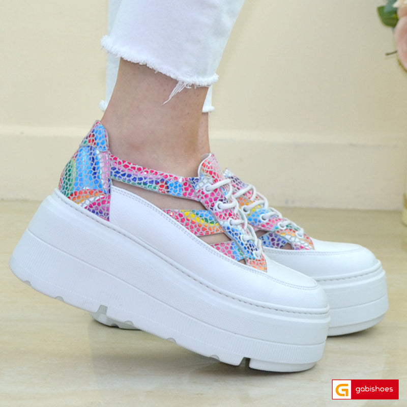 Pantofi Sport Piele Naturala Alb cu Multicolor Lorena 3730-11