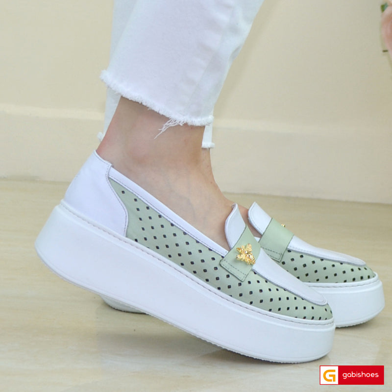 Pantofi Sport Piele Naturala Alb cu Verde Lorena 3840-11