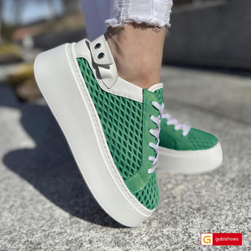 Pantofi Sport Piele Naturala Alb cu Verde Lorena 3965-7