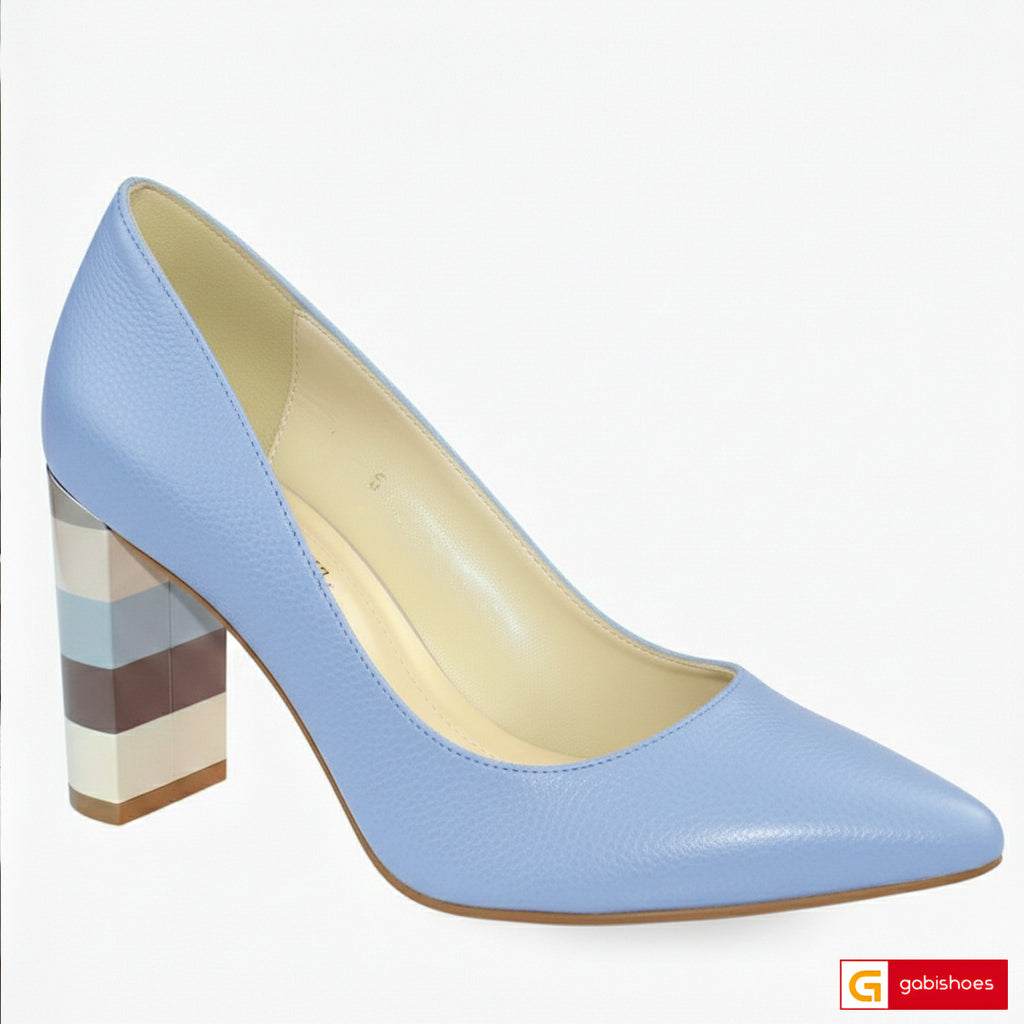 Material: Piele Naturala
Culoare: Blue  
Tip: Pantofi
Stil: Elegant

- Pantofi piele naturala blue
- Pantofi cu burete special extra-confort
- Talpa bej , varf ascutit , brant interior cu burete special mesina naturala bej
- Inaltime toc: 9 cm , toc vopsit in dungi colorate
- Schimb gratuit
*Masuratori realizate pentru marimea 37