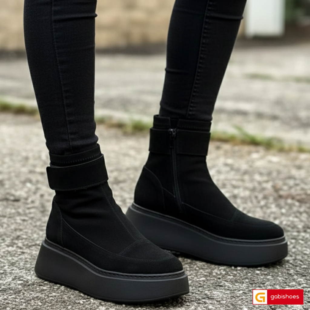 -Material: Piele Naturala intoarsa si strechi
-Culoare: Neagra
-Tip: Ghete streach
-Stil: Casual

- Ghete piele naturala intoarsa neagra cu&nbsp; streach negru ,inaltime de la talpa in sus 17 cm
- Ghete cu fermoar, Toc inaltime 6 cm&nbsp;
- Talpa neagra cusuta , varf rotund , brant interior cu burete special,
- Schimb gratuit&nbsp;
* Masuratori realizate pentru marimea 37