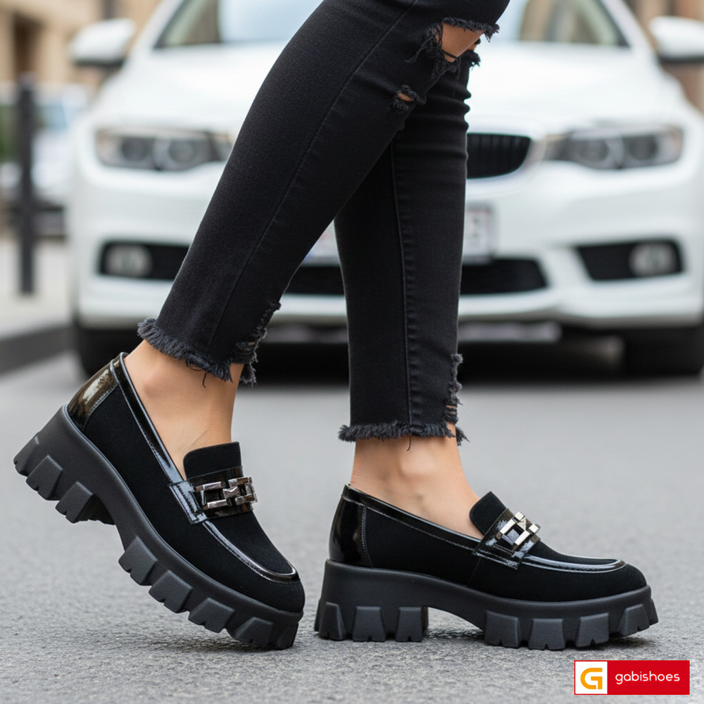 -Material: Piele Naturala Intoarsa
-Culoare:&nbsp;Neagra
-Tip: Pantofi
-Stil: Casual
- Pantofi piele naturala intoarsa neagra si piele naturala lucioasa ,ornament argintiu
- Talpa neagra , varf rotunt, interior brant cu burete special, interior mesina naturala bej&nbsp; &nbsp; &nbsp; &nbsp;-Talpa inaltime 6 cm ,talpa usoara din poliuretan
- Schimb gratuit
* Masuratori realizeaza pentru marimea 37