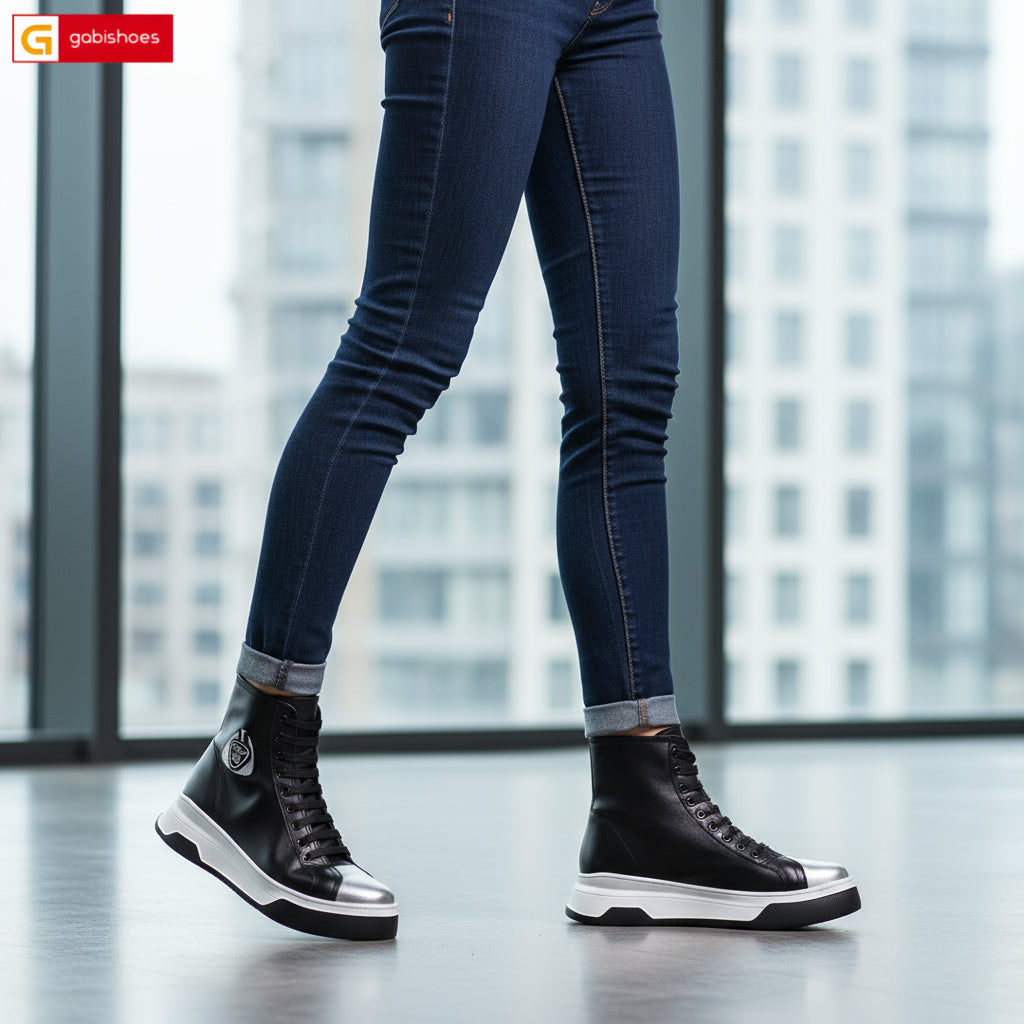 Ghete Sport Dama Piele Naturala Negru cu Argintiu Lorena 3583-4